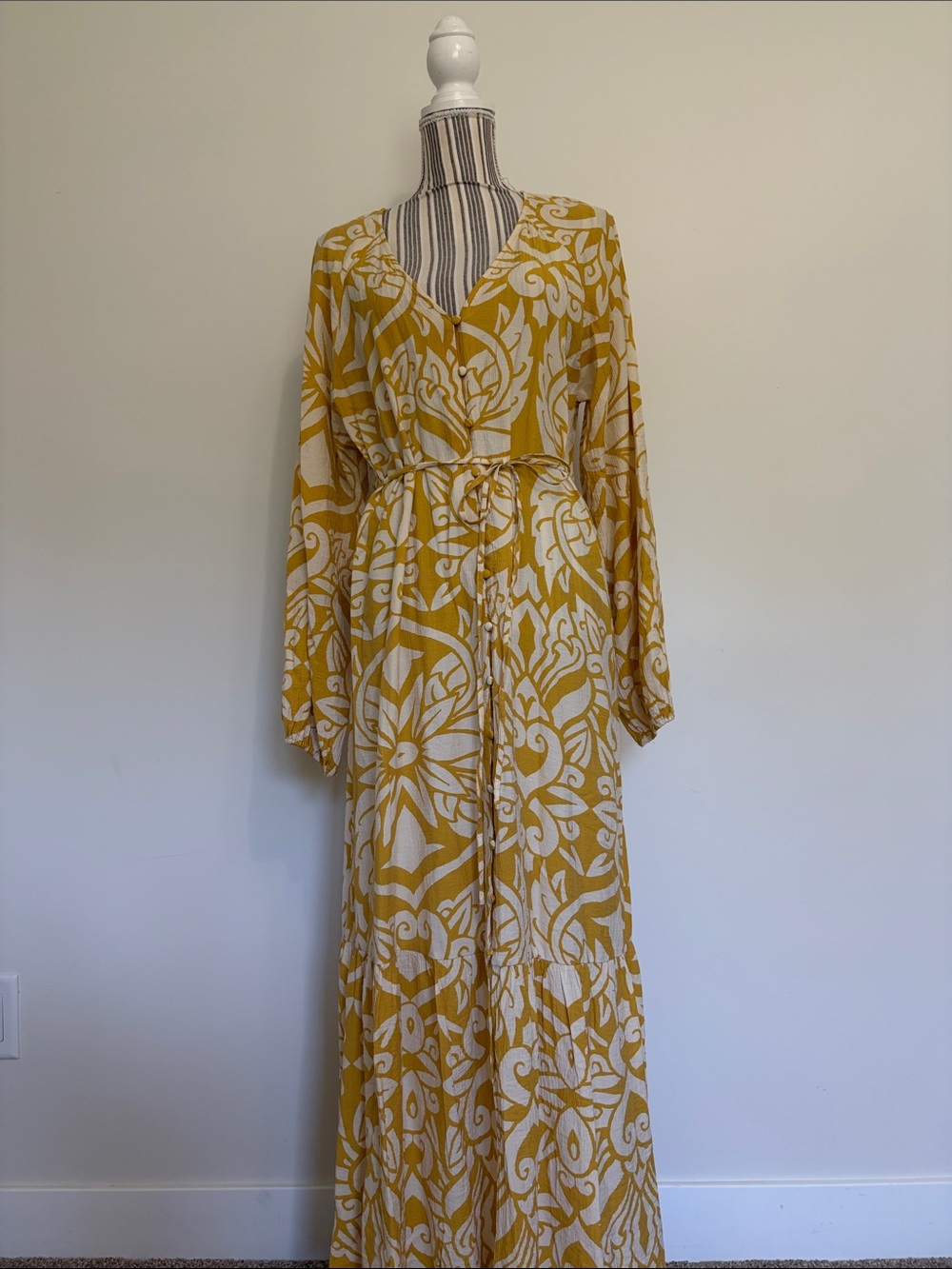 H&M Mustard and White Floral Tie-Waist Maxi Dress